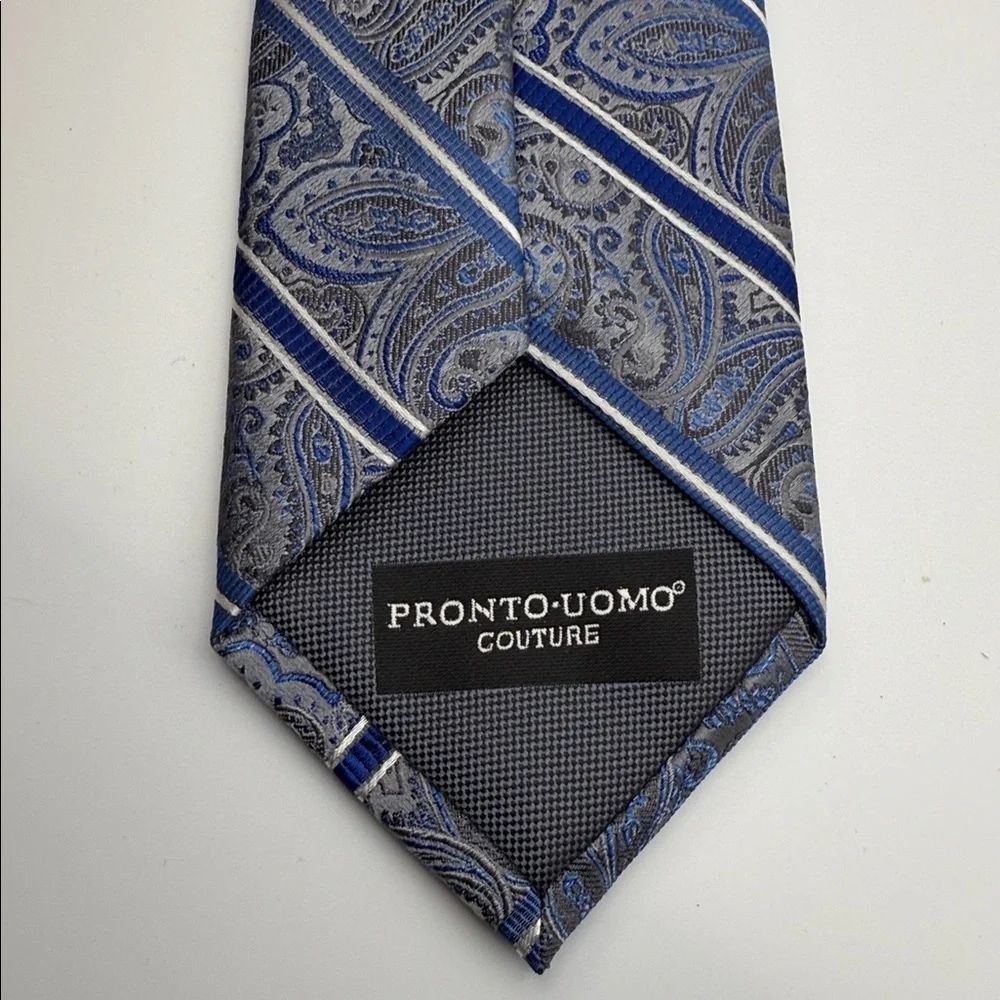 PRONTO UOMO Couture Silk Necktie LUXURY Silver Blue Striped Paisley